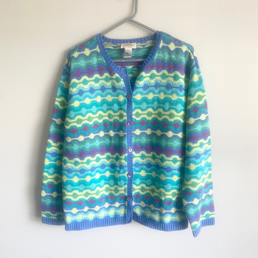 Talbots Vintage Cotton Cardigan Retro Colorful Geometric Wavy Plus Size 1X